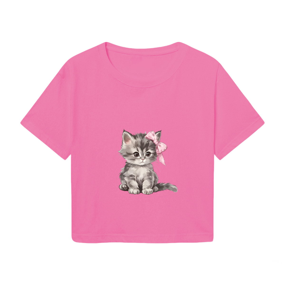 Fluffy Grey Kitten With Pink Bow Hot Pink Crop Top ¨C Sweet Girly Cat Graphic Tee