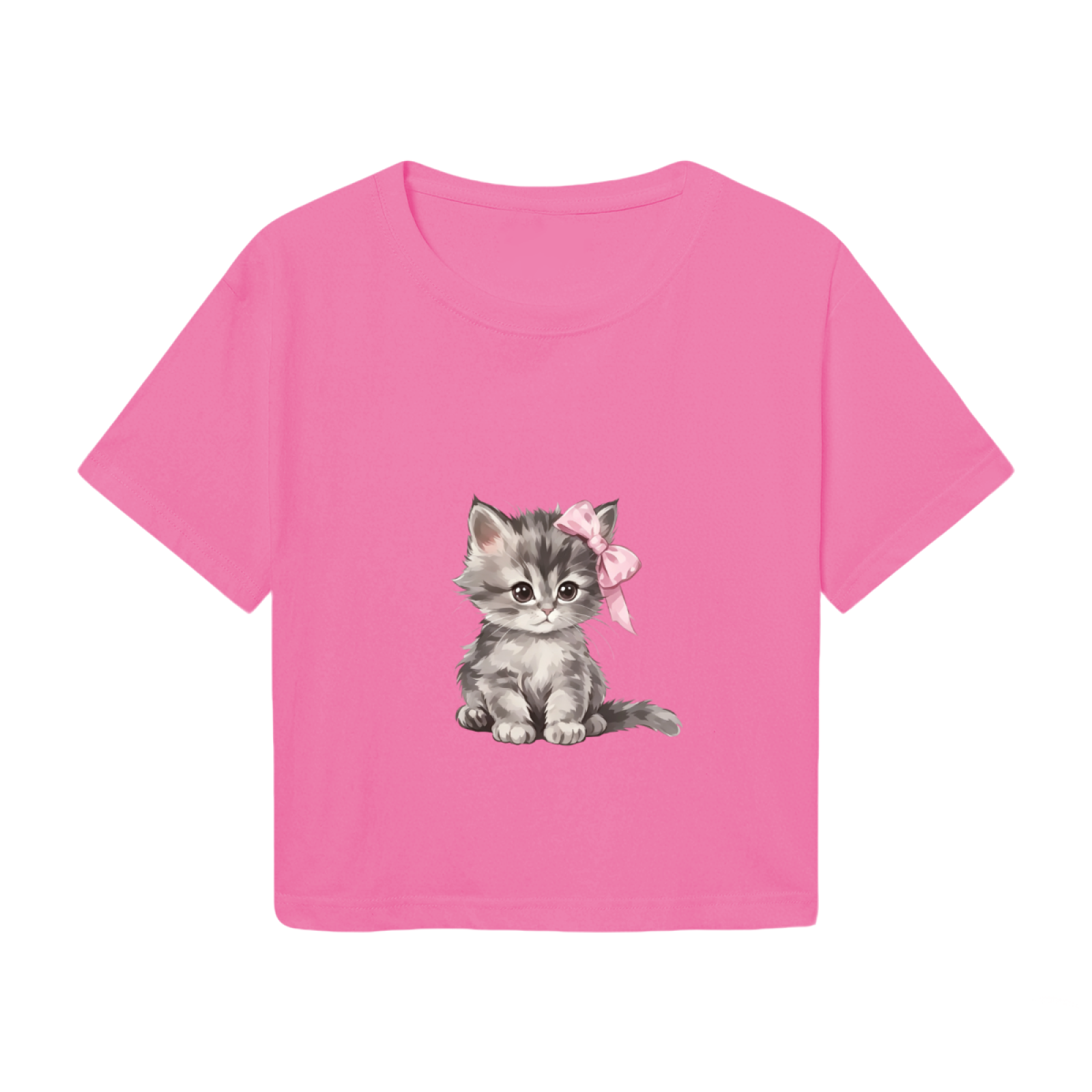 Fluffy Grey Kitten With Pink Bow Hot Pink Crop Top ¨C Sweet Girly Cat Graphic Tee