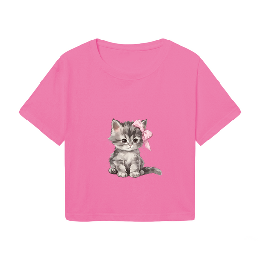Fluffy Grey Kitten With Pink Bow Hot Pink Crop Top ¨C Sweet Girly Cat Graphic Tee
