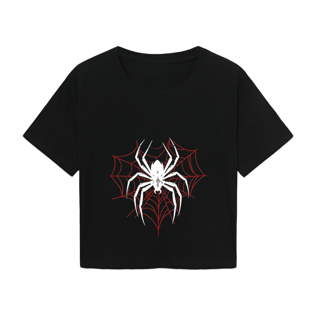 Gothic White Spider Red Web Black Crop Top ¨C Edgy Halloween Streetwear Women Tee