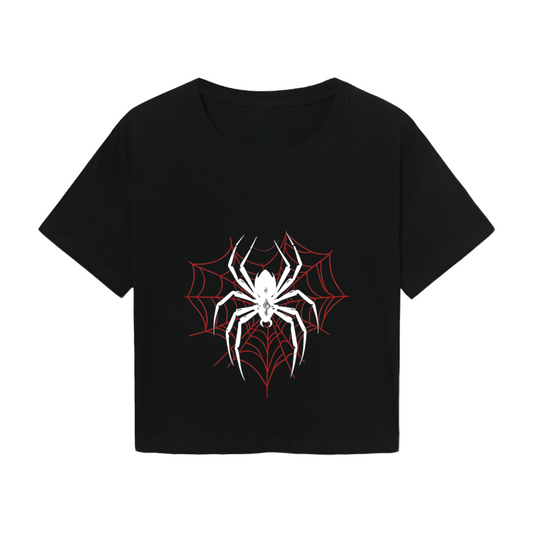 Gothic White Spider Red Web Black Crop Top ¨C Edgy Halloween Streetwear Women Tee