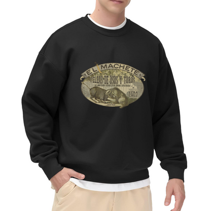Vintage Crewneck Sweatshirt with Bear and Bull Fight Poster Design in Spanish ""EL MACHETE"" - Retro Graphic Pullover