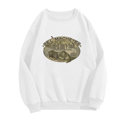 Vintage Crewneck Sweatshirt with Bear and Bull Fight Poster Design in Spanish ""EL MACHETE"" - Retro Graphic Pullover