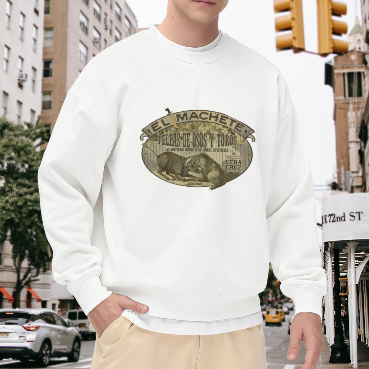 Vintage Crewneck Sweatshirt with Bear and Bull Fight Poster Design in Spanish ""EL MACHETE"" - Retro Graphic Pullover