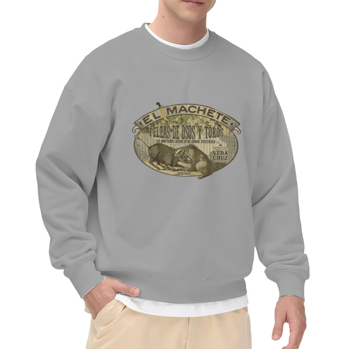 Vintage Crewneck Sweatshirt with Bear and Bull Fight Poster Design in Spanish ""EL MACHETE"" - Retro Graphic Pullover