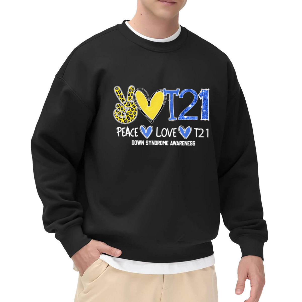 Peace Love T21 Down Syndrome Awareness Crewneck Sweatshirt - Leopard Heart Support Gift, Awareness Ribbon Pullover