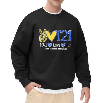 Peace Love T21 Down Syndrome Awareness Crewneck Sweatshirt - Leopard Heart Support Gift, Awareness Ribbon Pullover