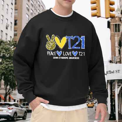Peace Love T21 Down Syndrome Awareness Crewneck Sweatshirt - Leopard Heart Support Gift, Awareness Ribbon Pullover