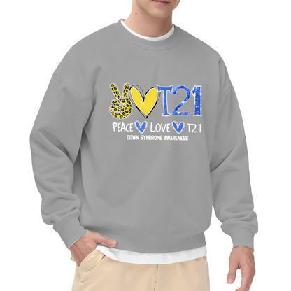 Peace Love T21 Down Syndrome Awareness Crewneck Sweatshirt - Leopard Heart Support Gift, Awareness Ribbon Pullover