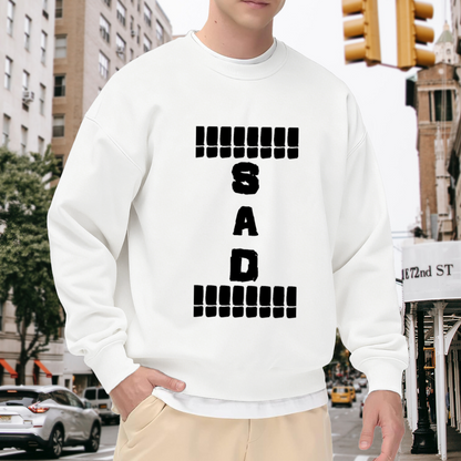 SAD Exclamation Crewneck Sweatshirt - Grunge Distressed Lettering Pullover, Moody Streetwear Top, Emo Aesthetic Graphic