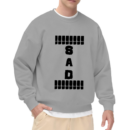 SAD Exclamation Crewneck Sweatshirt - Grunge Distressed Lettering Pullover, Moody Streetwear Top, Emo Aesthetic Graphic