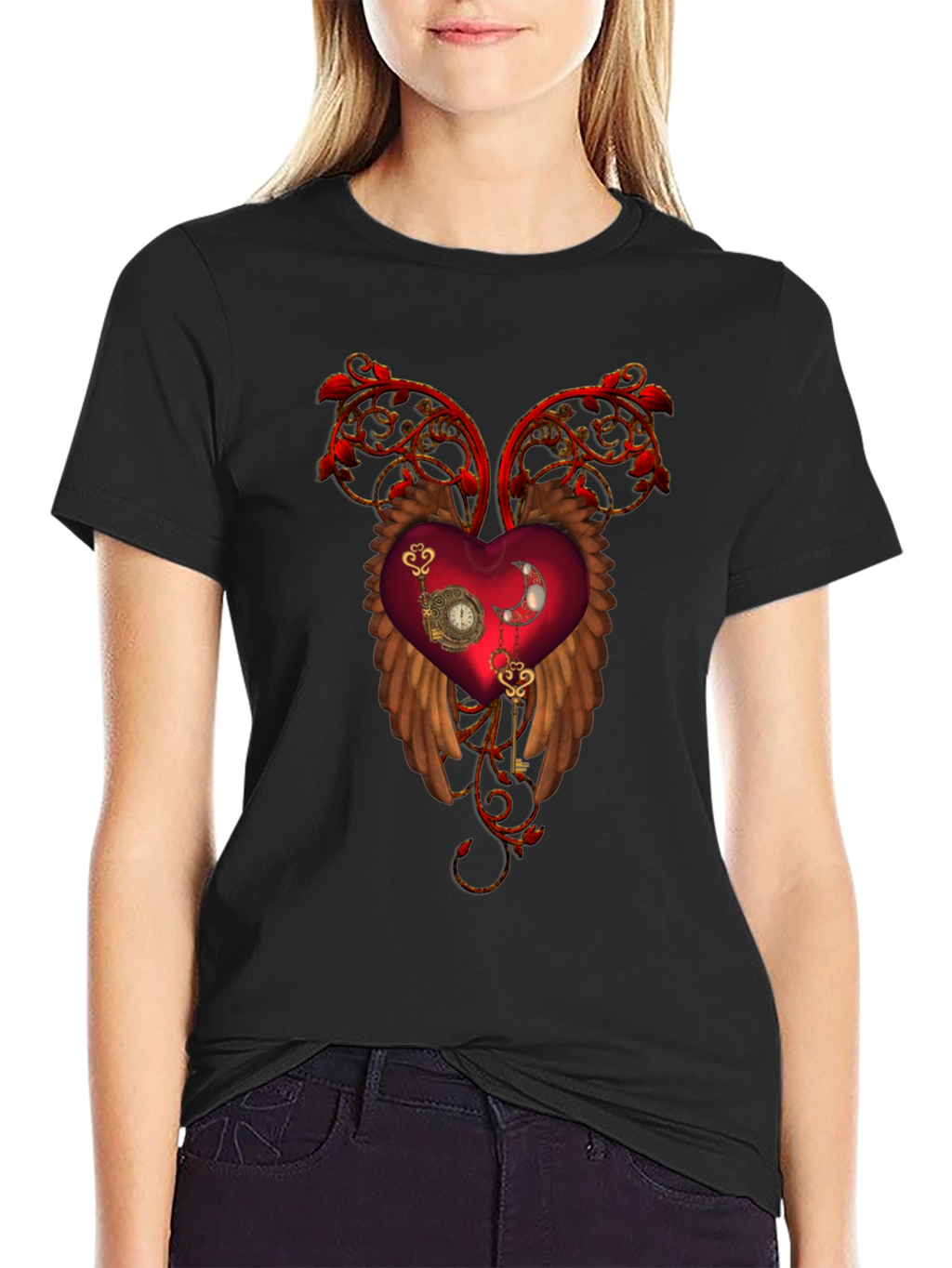 Steampunk Heart Wings Black T-Shirt