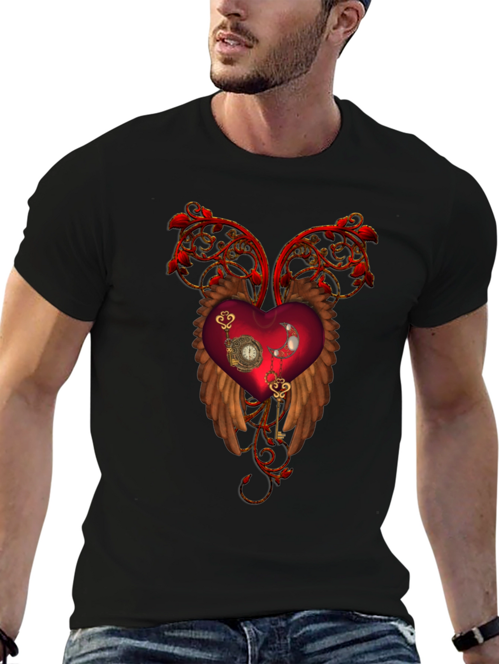 Steampunk Heart Wings Black T-Shirt