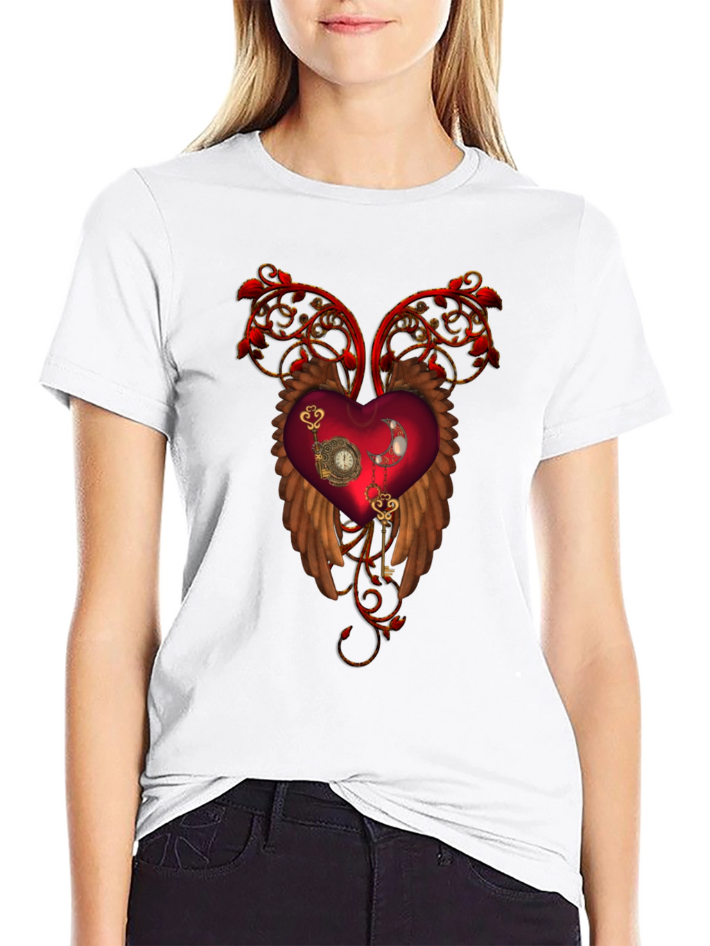 Steampunk Heart Wings Black T-Shirt