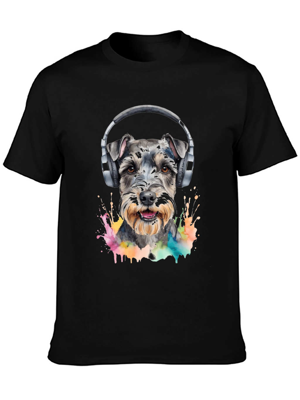 Dog Wearing Headphones Black T-Shirt
