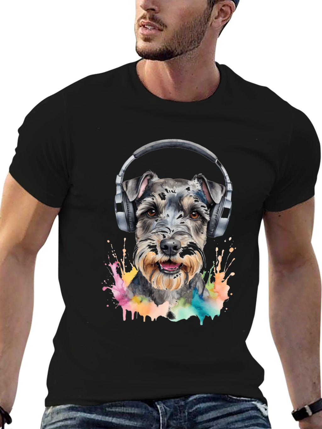 Dog Wearing Headphones Black T-Shirt