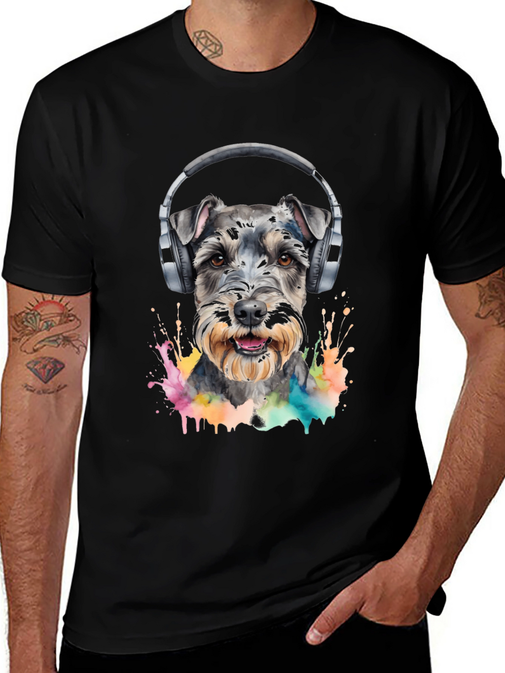 Dog Wearing Headphones Black T-Shirt