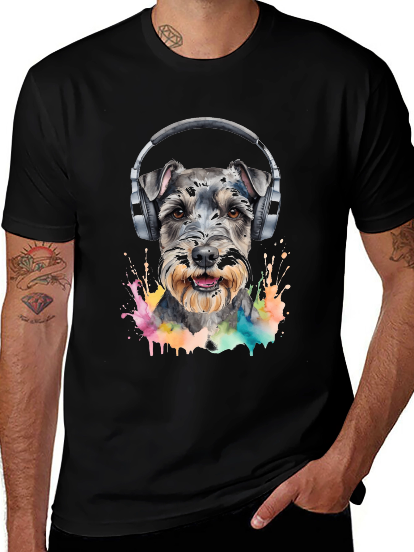 Dog Wearing Headphones Black T-Shirt