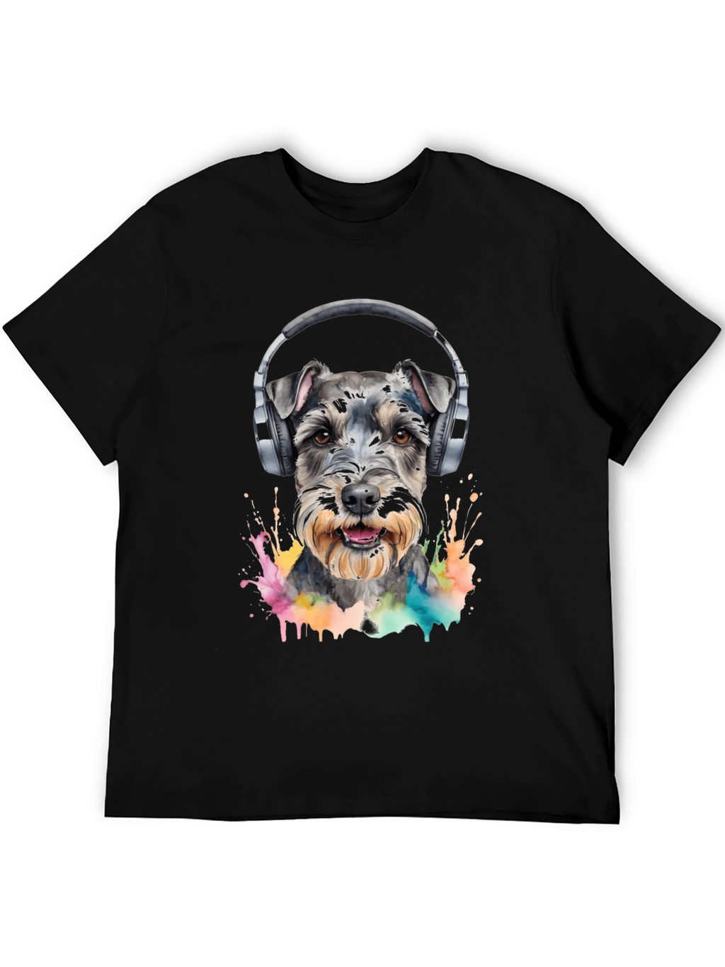Dog Wearing Headphones Black T-Shirt