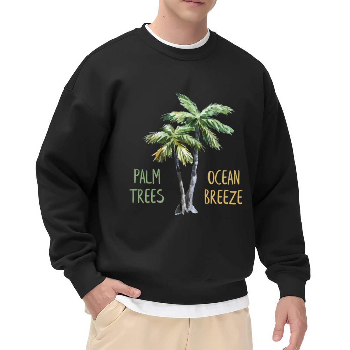 Palm Trees Ocean Breeze Watercolor Tropical Crewneck Sweatshirt | Beach Vacation Palm Tree Graphic Pullover, Coastal Gift Top