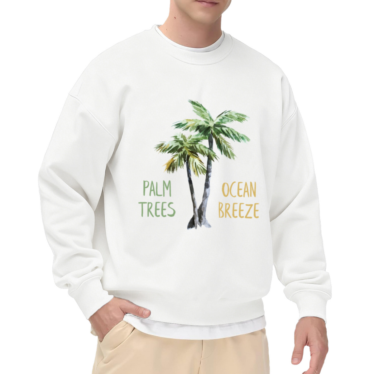 Palm Trees Ocean Breeze Watercolor Tropical Crewneck Sweatshirt | Beach Vacation Palm Tree Graphic Pullover, Coastal Gift Top