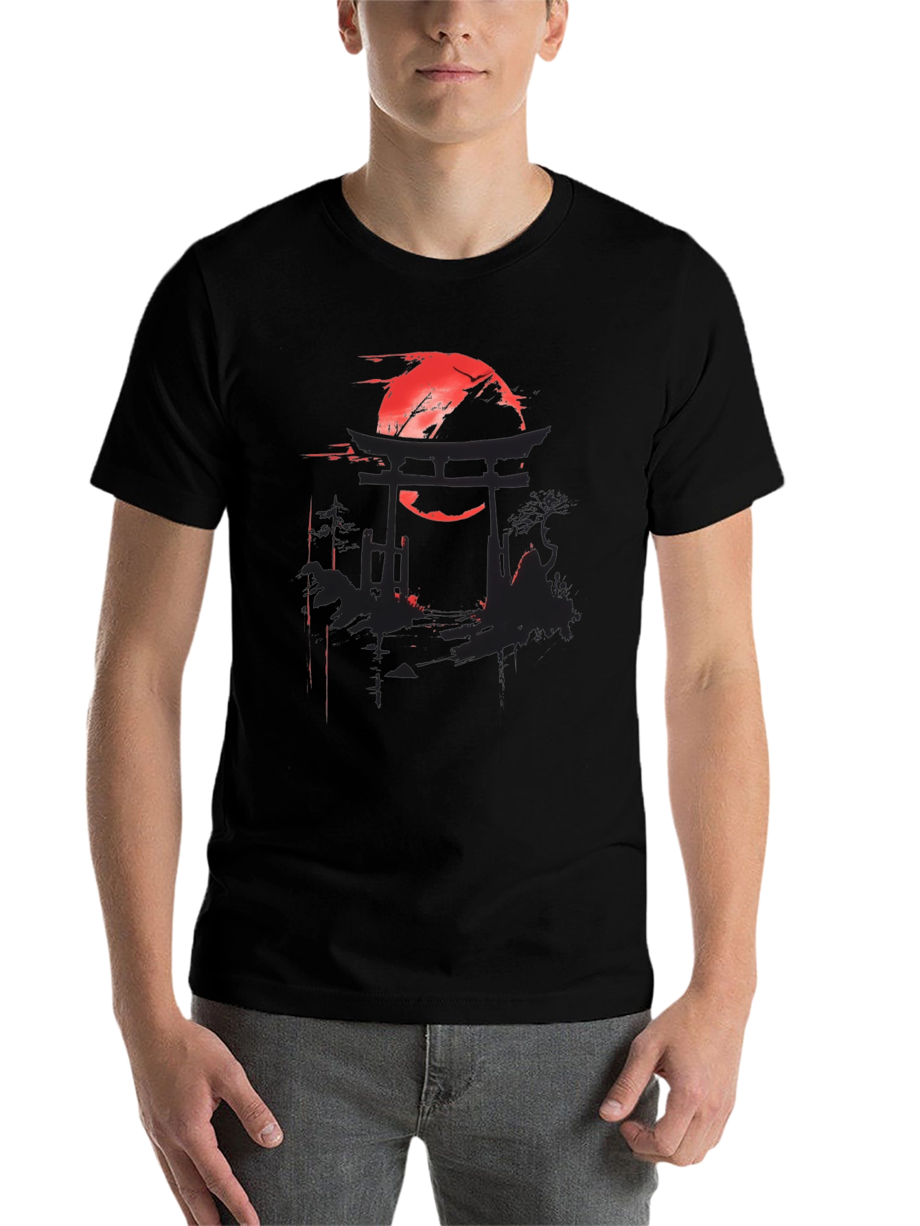 Black T-Shirt with Japanese Torii Gate and Red Sun Design