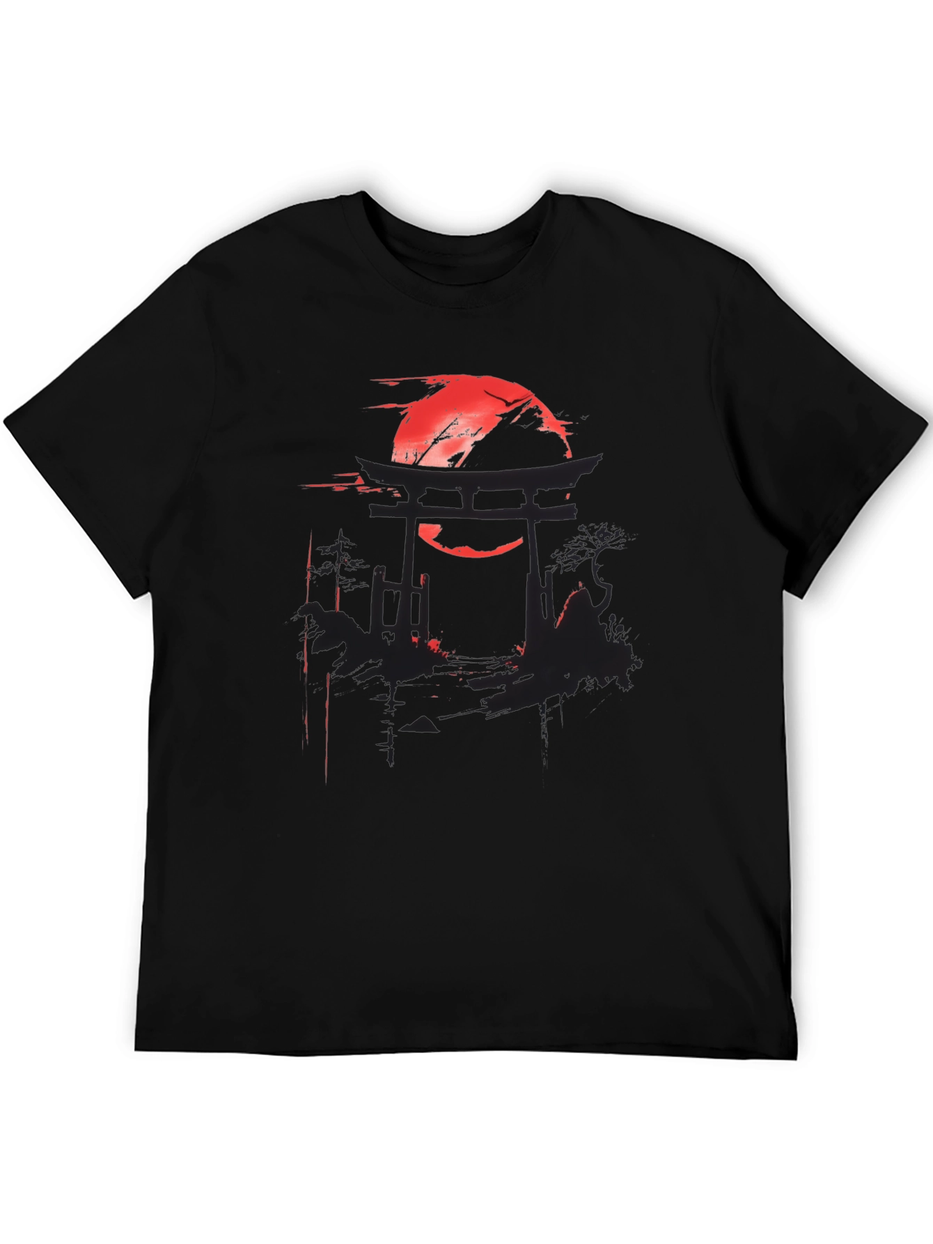 Black T-Shirt with Japanese Torii Gate and Red Sun Design