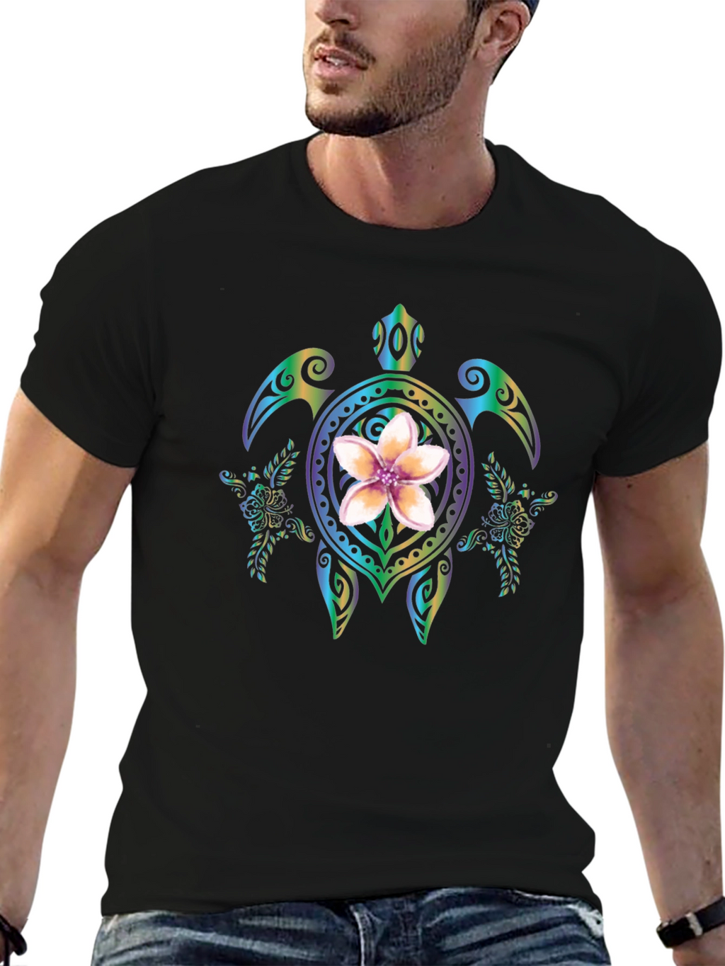 Floral Turtle Graphic Black T-Shirt