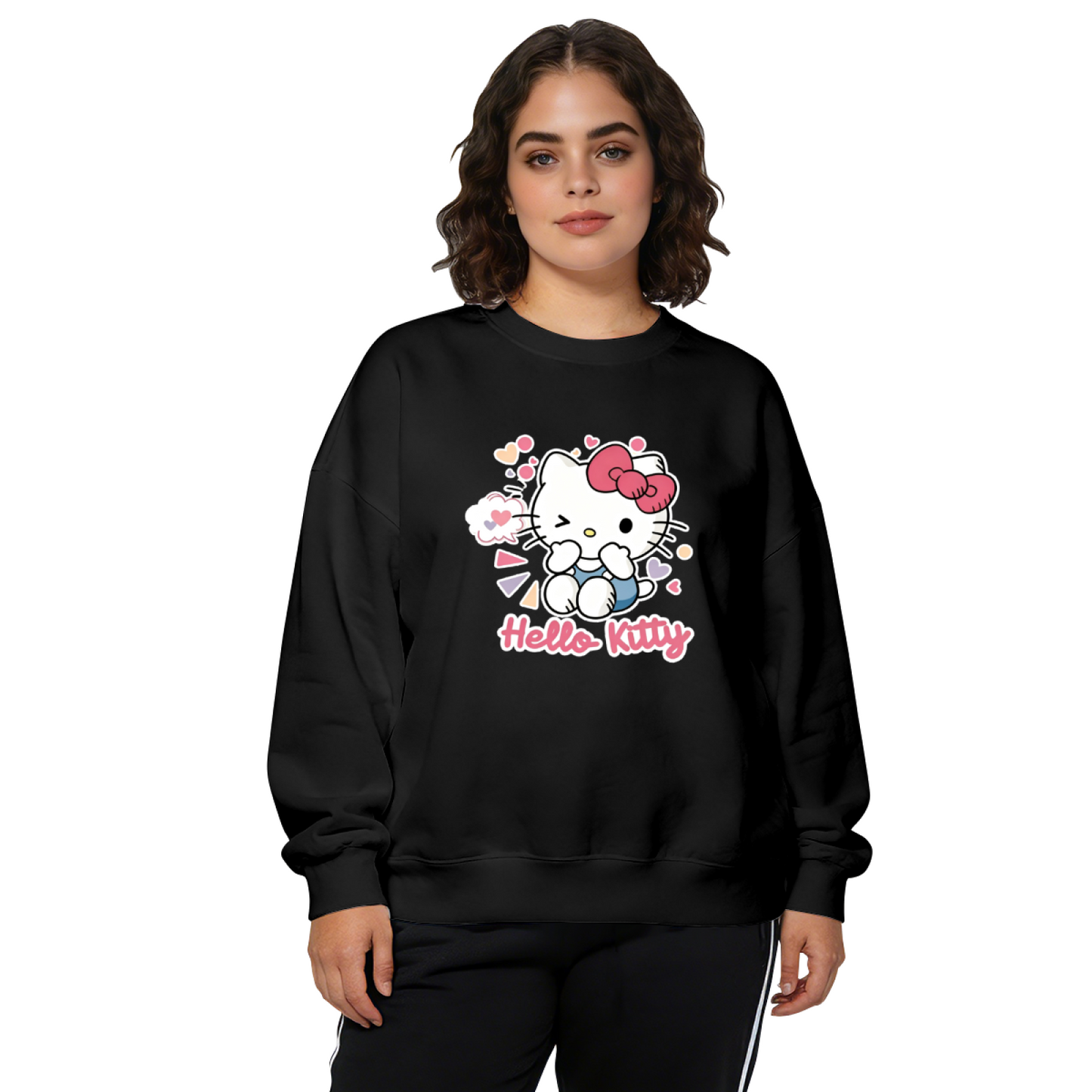 Playful Winking Hello Kitty Colorful Heart Crewneck Sweatshirt