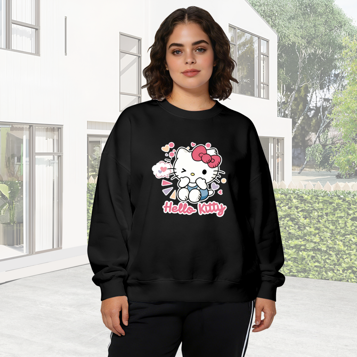 Playful Winking Hello Kitty Colorful Heart Crewneck Sweatshirt