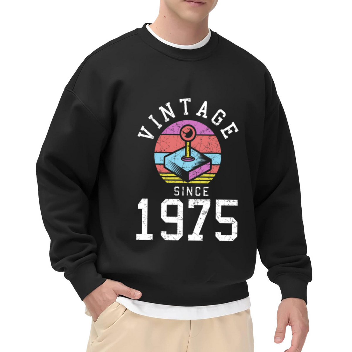 Vintage Since 1975 Retro Arcade Joystick Crewneck Sweatshirt | 70s Gaming Nostalgia Graphic Pullover, 1975 Birthday Gift Top
