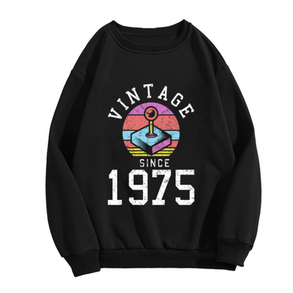 Vintage Since 1975 Retro Arcade Joystick Crewneck Sweatshirt | 70s Gaming Nostalgia Graphic Pullover, 1975 Birthday Gift Top