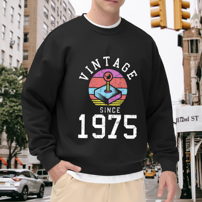 Vintage Since 1975 Retro Arcade Joystick Crewneck Sweatshirt | 70s Gaming Nostalgia Graphic Pullover, 1975 Birthday Gift Top