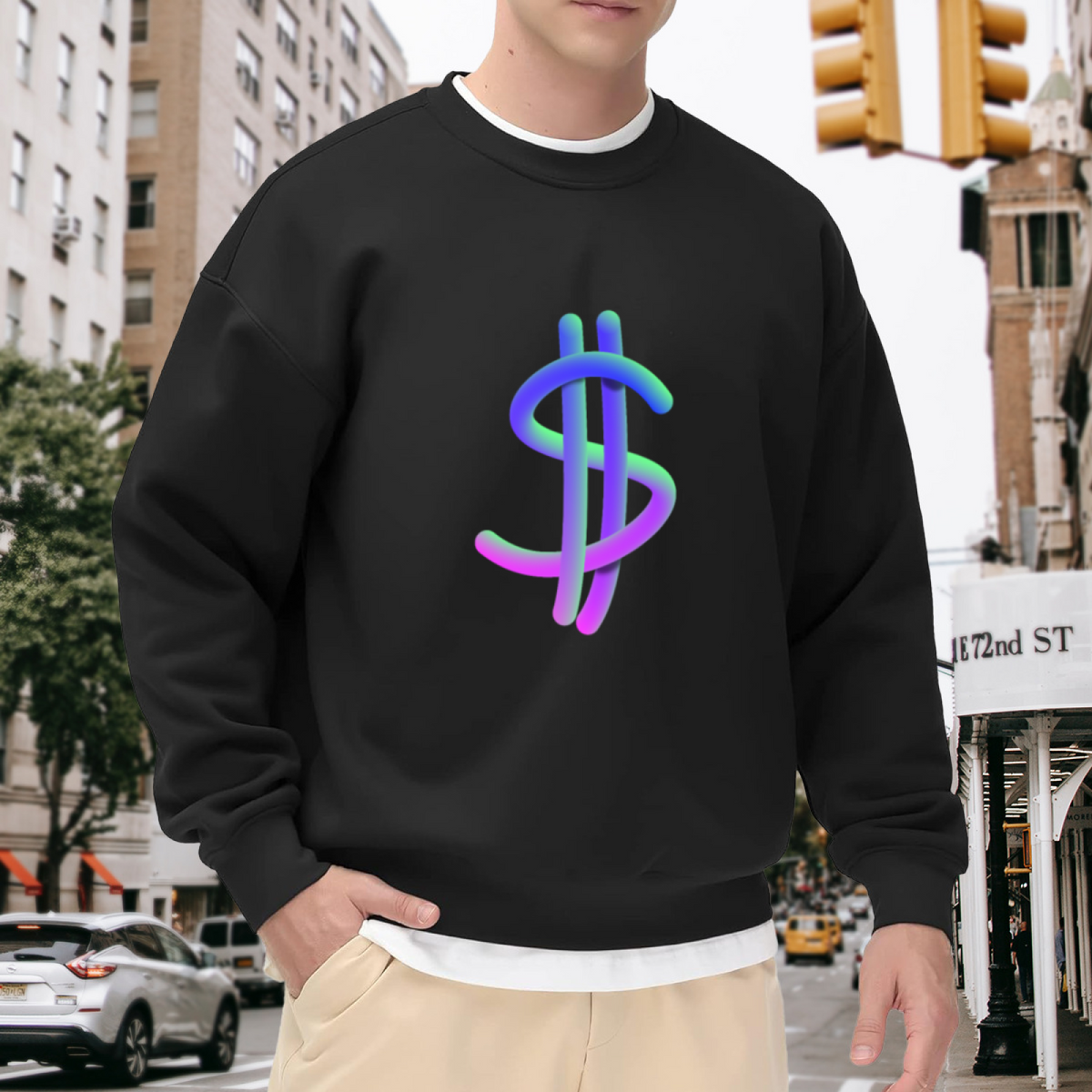 3D Dollar Sign Sweatshirt | Gradient Money Symbol Graphic Crewneck, Vaporwave Currency Pullover Top, Streetwear Gift for Men Women