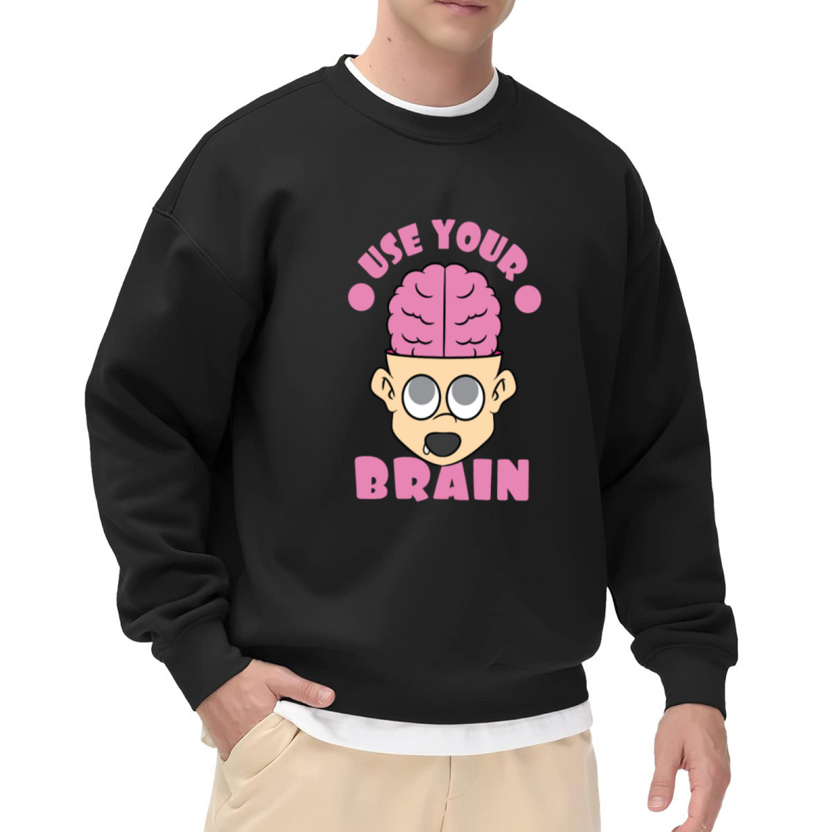 Use Your Brain Funny Cartoon Brain Crewneck Sweatshirt | Quirky Drooling Face Graphic Pullover, Sarcastic Gift