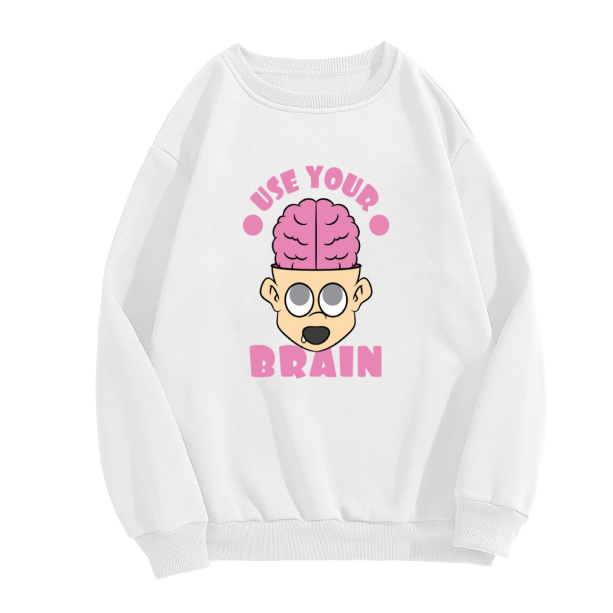 Use Your Brain Funny Cartoon Brain Crewneck Sweatshirt | Quirky Drooling Face Graphic Pullover, Sarcastic Gift