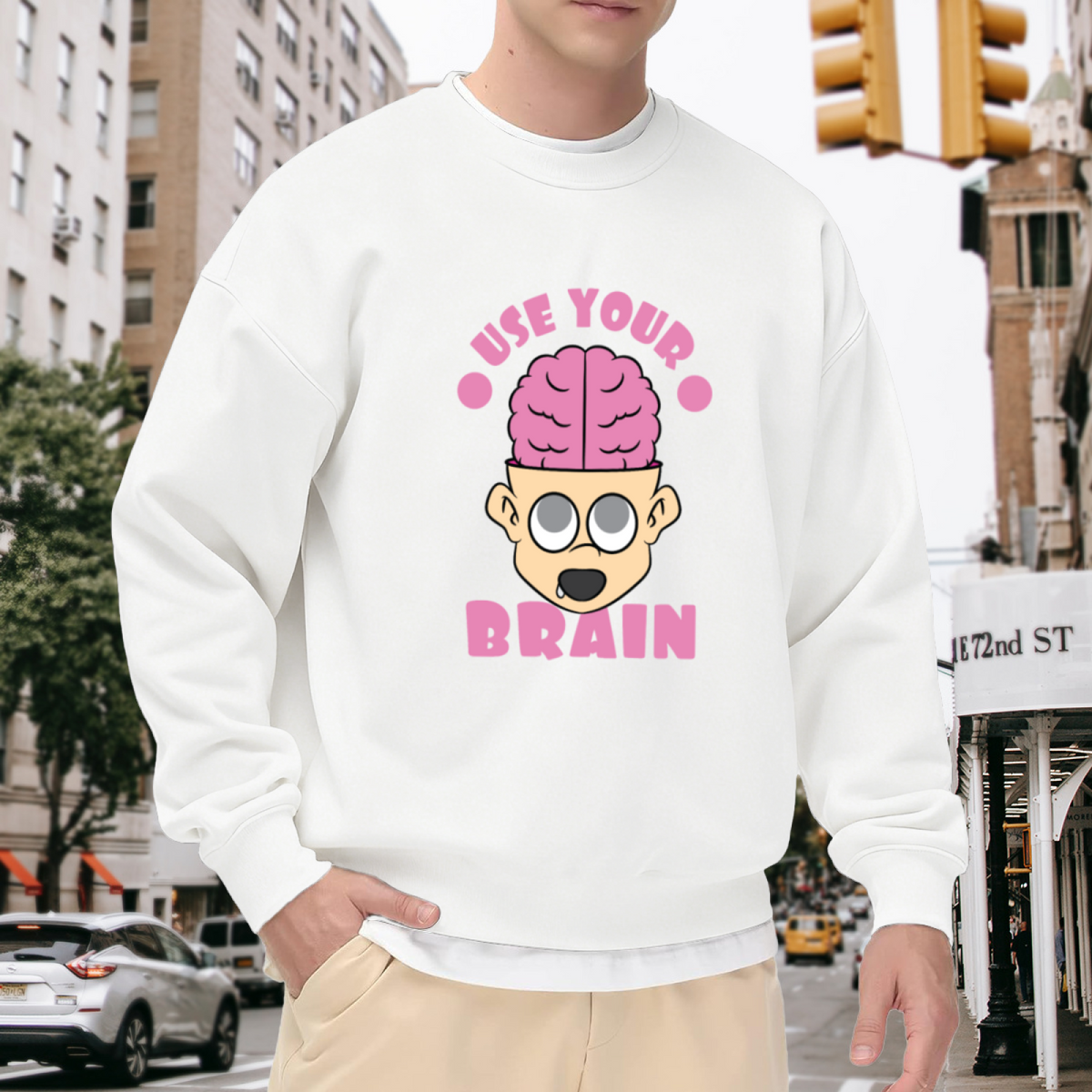 Use Your Brain Funny Cartoon Brain Crewneck Sweatshirt | Quirky Drooling Face Graphic Pullover, Sarcastic Gift