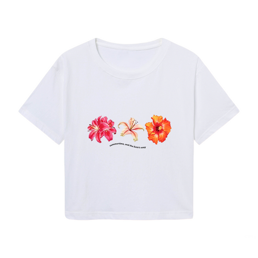Tropical Three Floral Vintage White Crop Tee