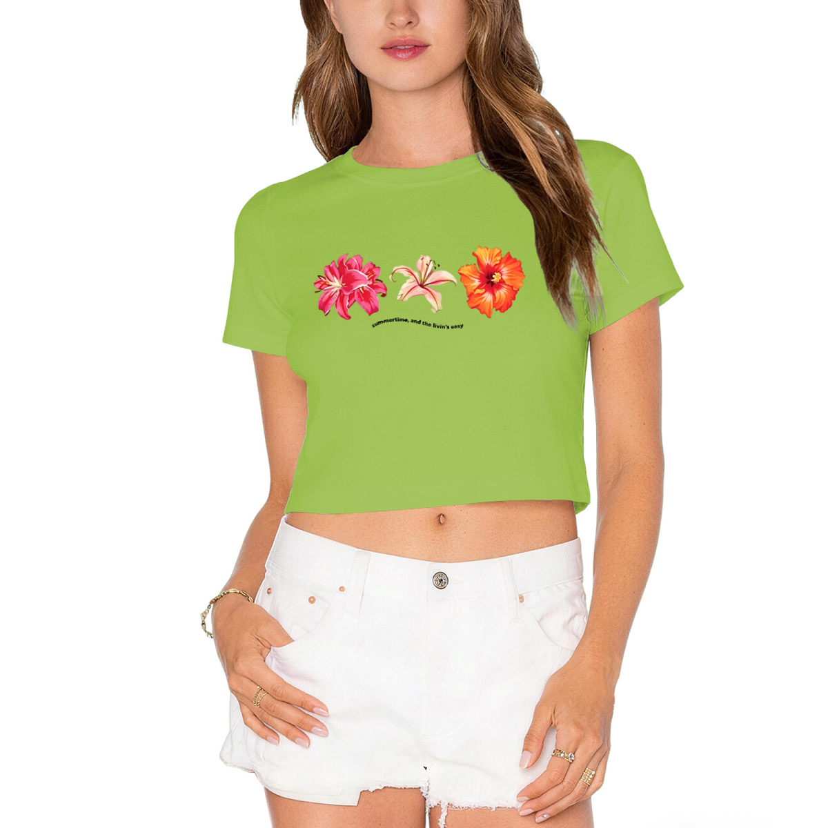 Tropical Three Floral Vintage White Crop Tee