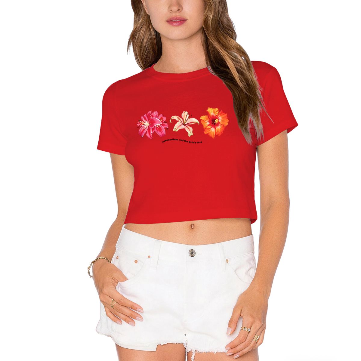 Tropical Three Floral Vintage White Crop Tee