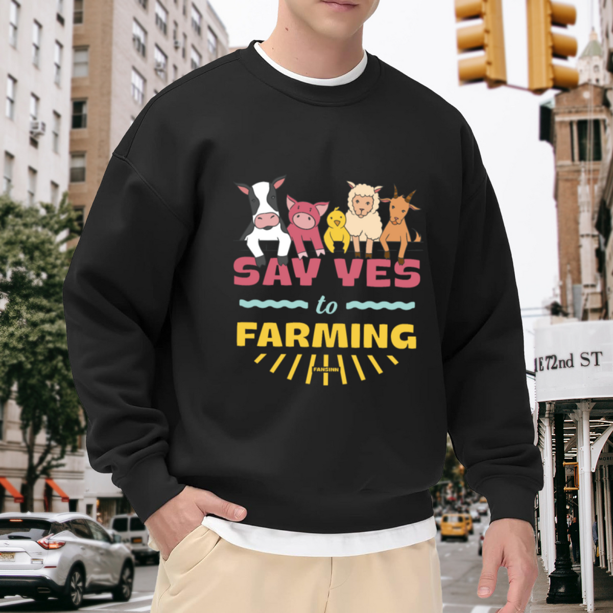 Say Yes To Farming Farm Animals Cartoon Crewneck Sweatshirt | Cute Cow Pig Chick Pullover, Farmer Gift