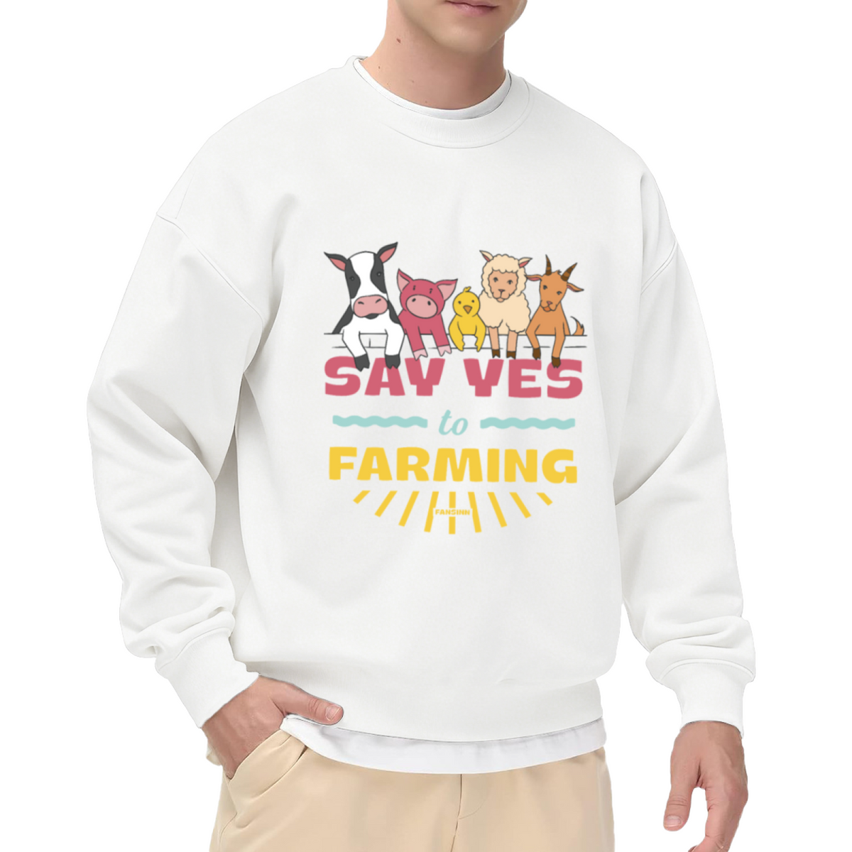 Say Yes To Farming Farm Animals Cartoon Crewneck Sweatshirt | Cute Cow Pig Chick Pullover, Farmer Gift