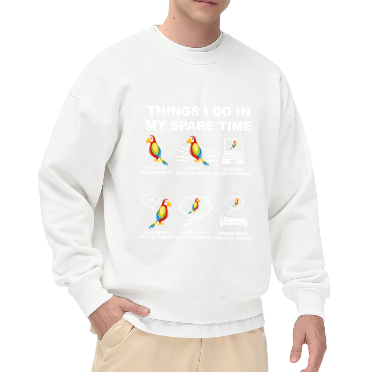 Things I Do In My Spare Time Eclectus Parrot Crewneck Sweatshirt | Funny Bird Lover Pullover, Cartoon Parrot Hobby Graphic Top, Pet Mom Gift
