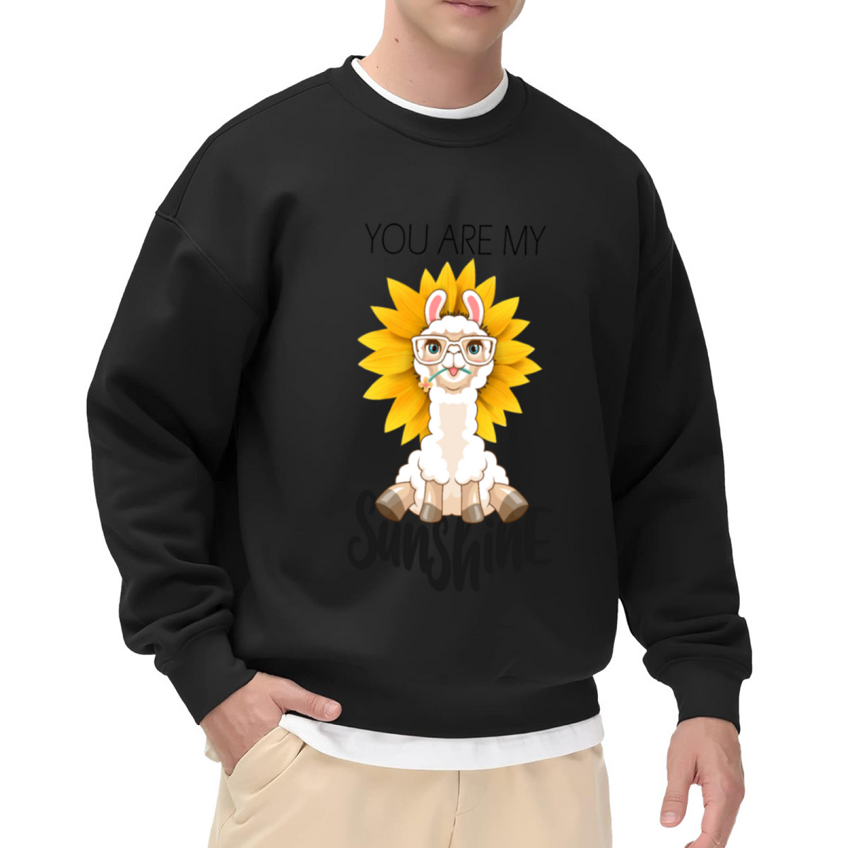 You Are My Sunshine Alpaca Sweatshirt | Cute Cartoon Alpaca Sunflower Graphic Crewneck, Kawaii Animal Pullover Top, Sunshine Gift for Women Girls