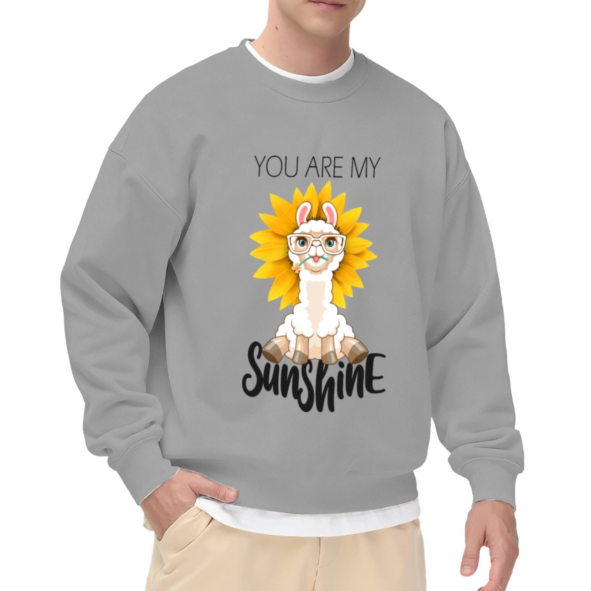 You Are My Sunshine Alpaca Sweatshirt | Cute Cartoon Alpaca Sunflower Graphic Crewneck, Kawaii Animal Pullover Top, Sunshine Gift for Women Girls