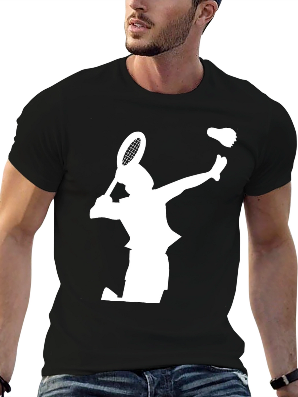 Badminton Player Graphic Tee - Black Cotton T-Shirt