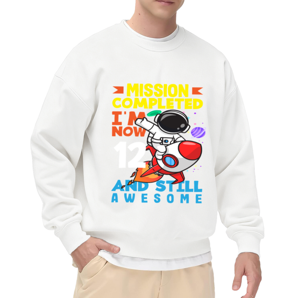 Mission Completed I Am Now 12 And Still Awesome Astronaut Birthday Crewneck Sweatshirt | Space Rocket 12th Birthday Pullover, Kids Gift