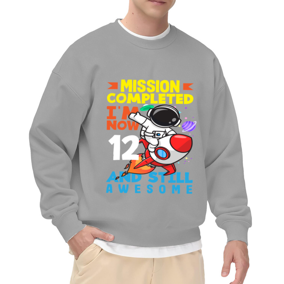 Mission Completed I Am Now 12 And Still Awesome Astronaut Birthday Crewneck Sweatshirt | Space Rocket 12th Birthday Pullover, Kids Gift