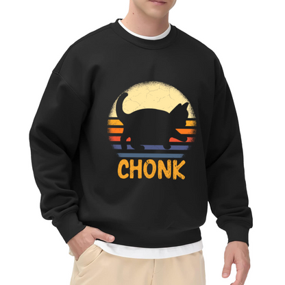 Chonk Retro Sunset Cat Silhouette Crewneck Sweatshirt | Funny 70s Vintage Fat Cat Graphic Pullover, Cat Lover Gift Top