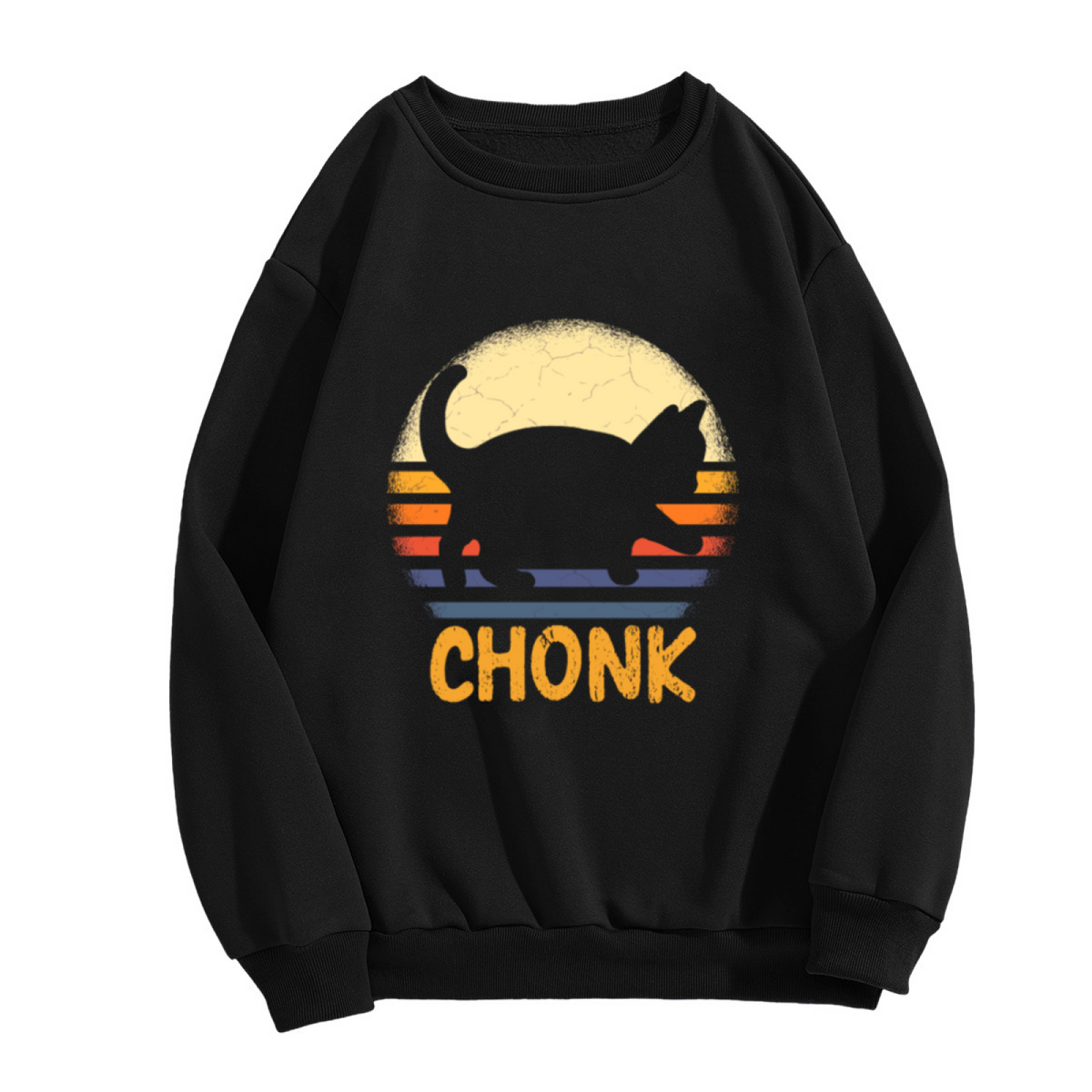 Chonk Retro Sunset Cat Silhouette Crewneck Sweatshirt | Funny 70s Vintage Fat Cat Graphic Pullover, Cat Lover Gift Top